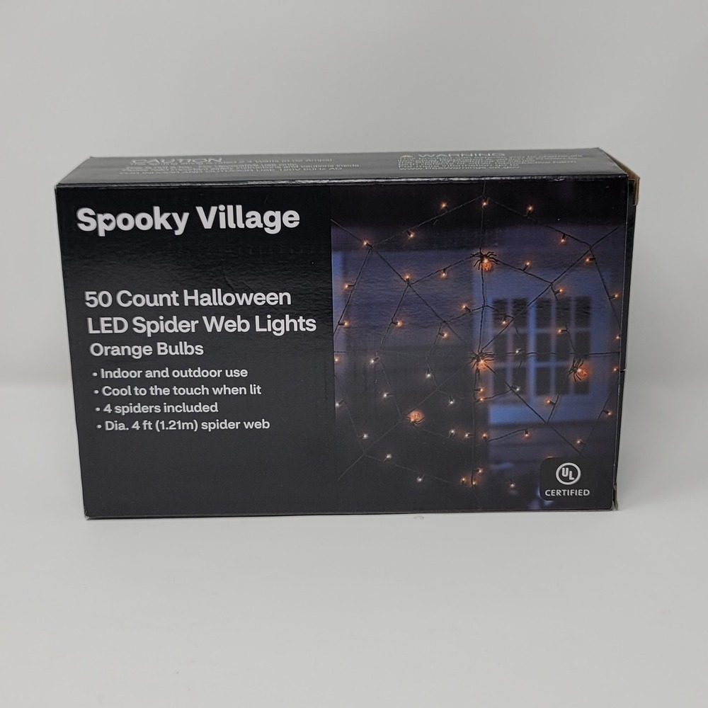 Spooky Village Halloween LED Spider Web Lights 50 Count Orange Bulbs 4ft